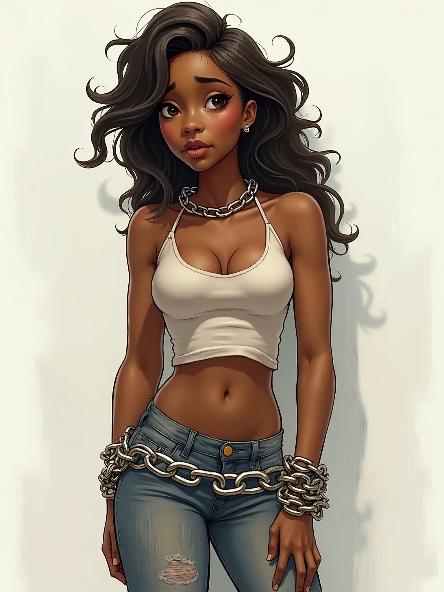 Princess Tiana in chains, as a captive, casual clothes, simple look, white wallpaper, regular person, high quality