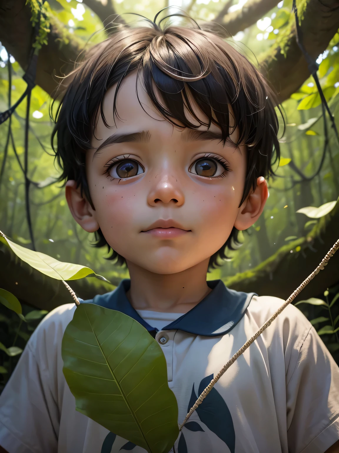 A hopeful face, a boy around , Butterfly net, looking up at the tree in a bright forest
