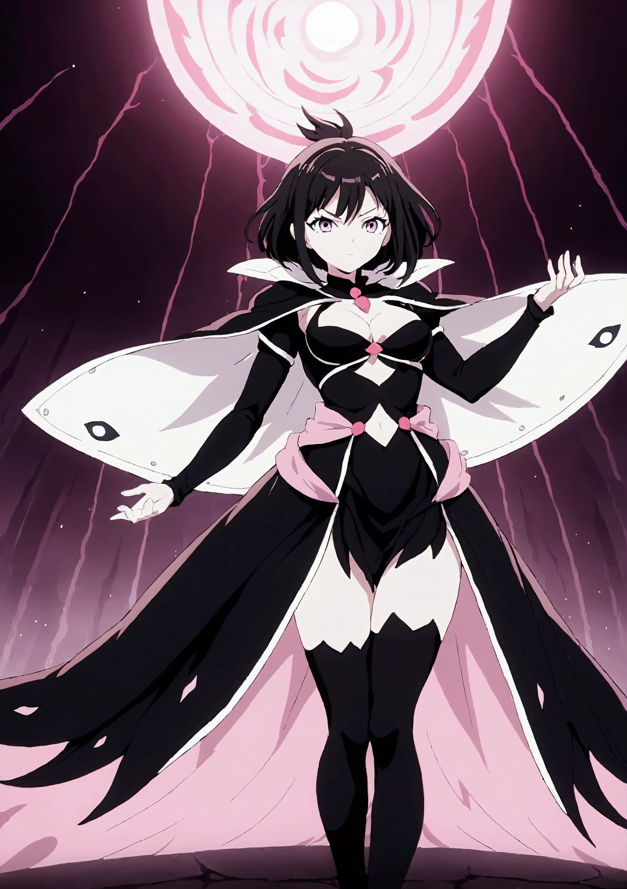 anime screenshot, 1 adult girl, dark sorceress witch, magic battle scene, powerful sorcery technique, anime tv, anime fantasy shonen, dark fantasy, magic ability, pink fire skeletons, cel shading - Adult female witch lying on the ground in attack stance, crawling ready to attack, chained in holy shackles, very long charcoal black hair covering her face as if a long time has passed and very dark and light adult eyes, a look of murderous madness and an athletic body, dark torn clothes with a long dirty torn dress, torn shoulder pads with snake details on the tip, snakes glowing a ghostly light blue around her sprout from the character's back, they slither through the cave where they were found, the detail of the cave is the blood on the walls and skulls and food remnants and dust.