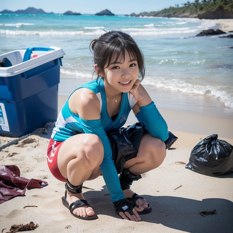 (2 beautiful Korean women volunteers, age 28, (wearing White Tight Lightweight Synthetic Korea Volleyball Jersey, Red Spandex Shorts, Ankle Braces, Knee Pads, white gloves, sandals, barefeet), (Squatting down, Removing Ocean Debris, Plastic bottles, Plastic Straws, Plastic Bags, Garbage, Dump Pit, Garbage bags), (Beach Clean-up, Ocean Clean-up), Early Dawn On a polluted Beach, Sun-rays, Lens Flare,

Hopeful expressions, kind smile, dimples, cute snaggle-tooth, short hair, bob hair, short ponytail, symmetrical face, detailed facial features, beautiful detailed face, highly detailed face, beautiful detailed eyes, perfect body anatomy, ample bosoms,

photorealistic, hyper-realism, high contrast, ultra HD, realistic skin textures, top image quality, top-quality, super high resolution, fine details, very meticulously, masterpiece, Award-winning, Medium Shot, Cowboy Shot, Full Body Shot, High Angle Shot, bokeh background, SFW, Safe For Work) #WorldOceansDay