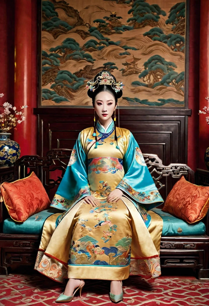 Gorgeous Empress of the Chinese Court during the Qing Dynasty Gorgeous Empress of the Chinese Court on a sofa, nude, large and golden, with her legs on the sofa, wide open, knees bent, in an M pose (pornographic pose), with her hair tied on both sides The background of this perverted and erotic woman wearing a crown and tying her hair is the Chinese court of the Qing Dynasty. The scene is set in the luxurious room of an empress in the Qing Dynasty Chinese court.

Translated with DeepL.com (free version)