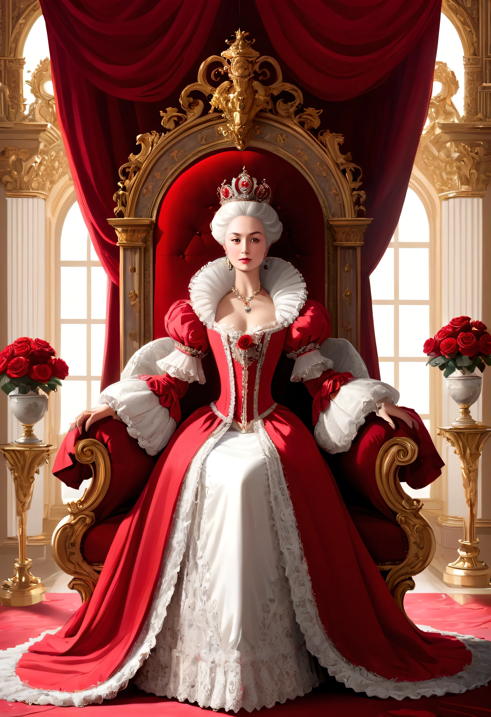 Palace,The magnificent queen'thron,Tall and spacious,Rococo French court,red rose