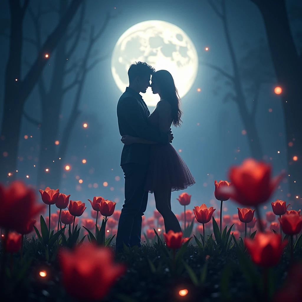 (Moonlit Confession, Couple proposal:1.2), Explore the mystical in Surreal Dreamscapes, where the surreal (Tulip color) merges with the dreamy (moonlight silver), creating imaginative and wondrous scenes, RAW photo, color graded, surreal, (captivating chiaroscuro:0.1), dynamic movement, full body, (special effects:0.1), award-winning, cinematic still, emotional, dynamic, vivid, (masterpiece, best quality, photorealistic, Professional, perfect composition, very aesthetic, absurdres, ultra-detailed, intricate details:1.3)