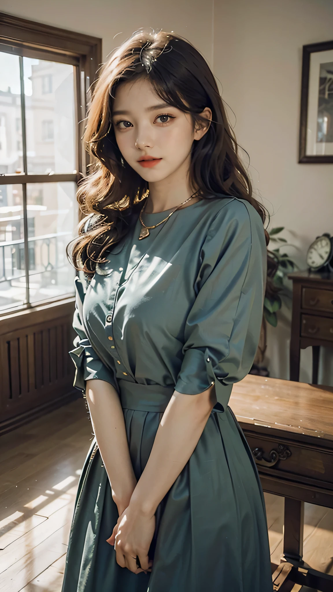 detailed background, masterpiece, best quality, 1 person , curly hair, long hair, purple eyes, star in eye ,lime green blouse, long skirt, looking at viewer, wooden furniture behind, indoor,y poses,gold jewellery