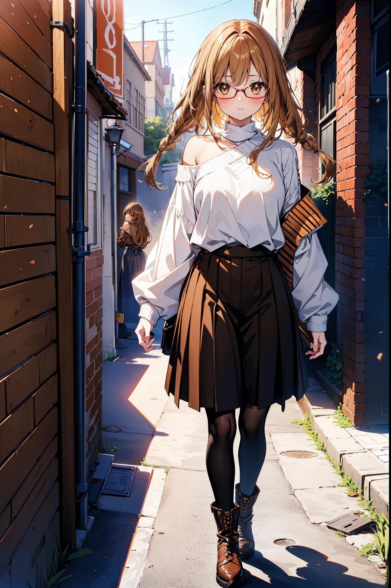 a sun ayuuki, a sun a yuuki, Brown Hair, (Brown eyes:1.8),smile,blush,Long braids,Black-rimmed glasses,Red one-shoulder sweater,Long skirt,Black pantyhose,short boots,Daytime,Clear skies,Walking,whole bodyがイラストに入るように,
break outdoors, Building district,
break looking at viewer, whole body,
break (masterpiece:1.2), Highest quality, High resolution, unity 8k wallpaper, (figure:0.8), (Beautiful attention to detail:1.6), Highly detailed face, Perfect lighting, Highly detailed CG, (Perfect hands, Perfect Anatomy),