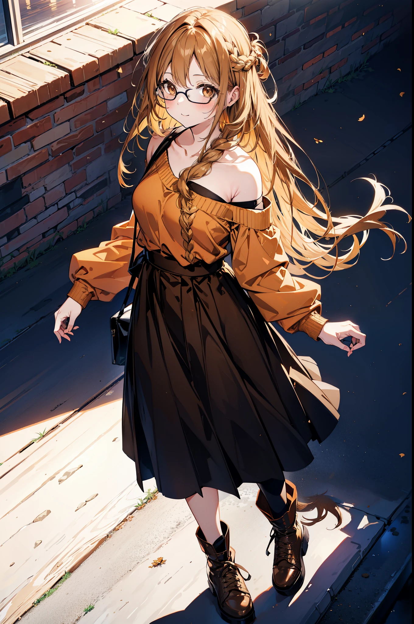 a sun ayuuki, a sun a yuuki, Brown Hair, (Brown eyes:1.8),smile,blush,Long braids,Black-rimmed glasses,Red one-shoulder sweater,Long skirt,Black pantyhose,short boots,Daytime,Clear skies,Walking,whole bodyがイラストに入るように,
break outdoors, Building district,
break looking at viewer, whole body,
break (masterpiece:1.2), Highest quality, High resolution, unity 8k wallpaper, (figure:0.8), (Beautiful attention to detail:1.6), Highly detailed face, Perfect lighting, Highly detailed CG, (Perfect hands, Perfect Anatomy),