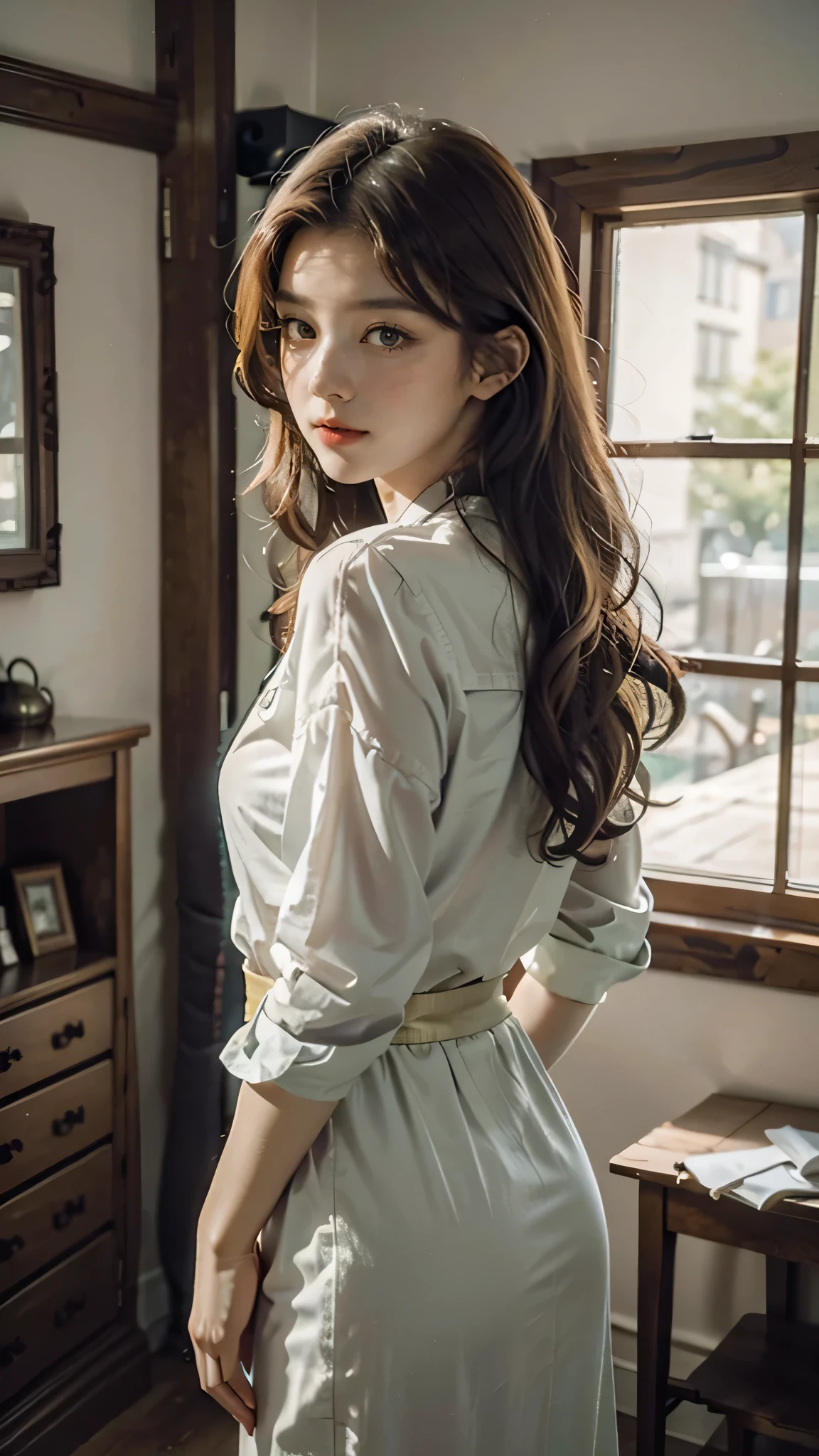 detailed background, masterpiece, best quality, 1 person , curly hair, long hair, purple eyes, star in eye ,lime green blouse, long  skirt, looking at viewer, wooden furniture behind, indoor,y poses,gold jewellery 