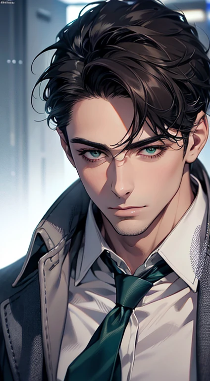 (Highest quality,4K,8K,High resolution,masterpiece:1.2),Super detailed,(Realistic,photoRealistic,photo-Realistic:1.37),1 person,35 years old,Mature Men,Beautiful skin、very handsome,Expressionless,Short gray Black hair,green eyes,Sharp Eyes,A perfect face without a doubt,Businessman, CEO, Office Background,Cinema Lighting,HDR image,tie、