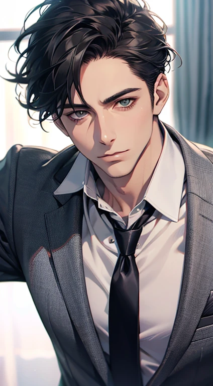 (Highest quality,4K,8K,High resolution,masterpiece:1.2),Super detailed,(Realistic,photoRealistic,photo-Realistic:1.37),1 person,35 years old,Mature Men,Beautiful skin、very handsome,Expressionless,Short gray Black hair,green eyes,Sharp Eyes,A perfect face without a doubt,Businessman, CEO, Office Background,Cinema Lighting,HDR image,tie、