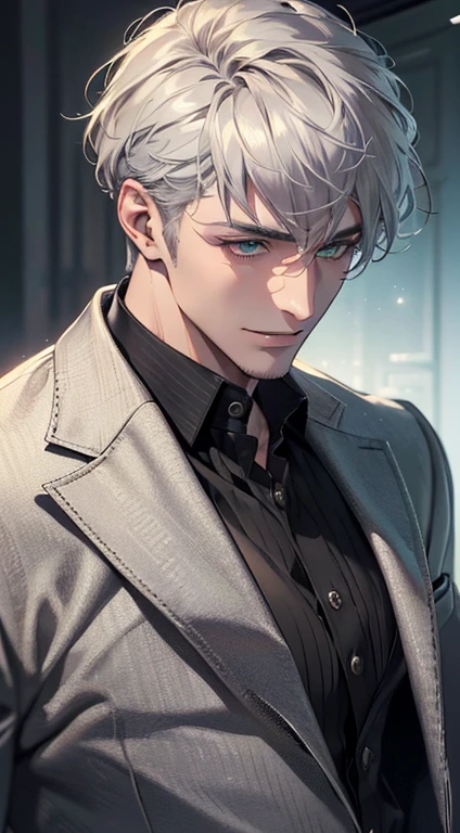 (best quality,4k,8k,highres,masterpiece:1.2),ultra-detailed,(realistic,photorealistic,photo-realistic:1.37),cinematic lighting,1:4 hdr image,a mature man, 29 years old,very handsome,cold expression smile in love, short grey white hair, green eyes,flawless face,buttoning his jacket,CEO