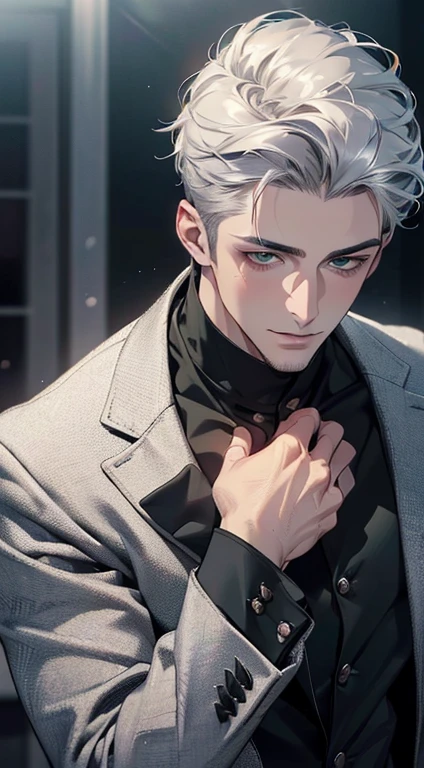 (best quality,4k,8k,highres,masterpiece:1.2),ultra-detailed,(realistic,photorealistic,photo-realistic:1.37),cinematic lighting,1:4 hdr image,a mature man, 29 years old,very handsome,cold expression smile in love, short grey white hair, green eyes,flawless face,buttoning his jacket,CEO