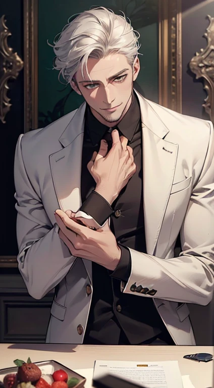 (best quality,4k,8k,highres,masterpiece:1.2),ultra-detailed,(realistic,photorealistic,photo-realistic:1.37),cinematic lighting,1:4 hdr image,a mature man, 29 years old,very handsome,cold expression smile in love, short grey white hair, green eyes,flawless face,buttoning his jacket,CEO