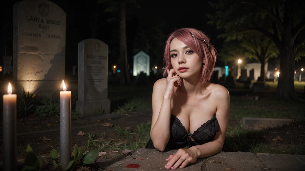 ((best quality)), ((masterpiece)), (detailed), goth, graveyard, girl, cute, bright pink hair, blood