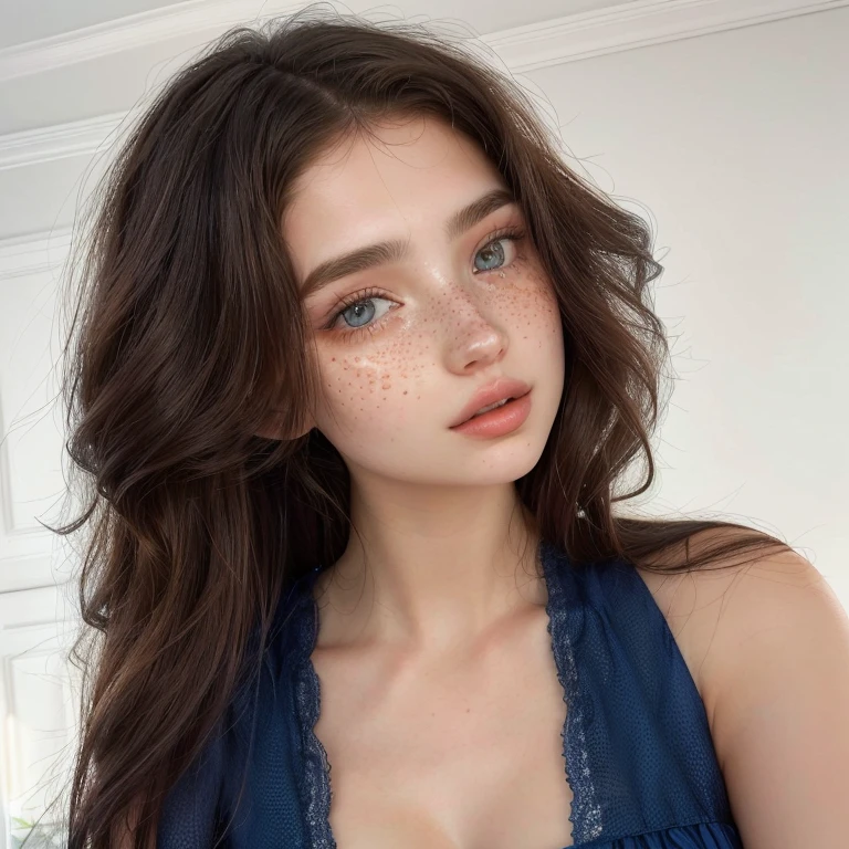 arafed woman with freckles and a blue dress posing for a picture, portrait sophie mudd, ekaterina, anastasia ovchinnikova, dasha taran, angelina stroganova, anna nikonova aka newmilky, style of julia razumova, perfect face ), bella poarch, profile image, viktoria gavrilenko, instagram model