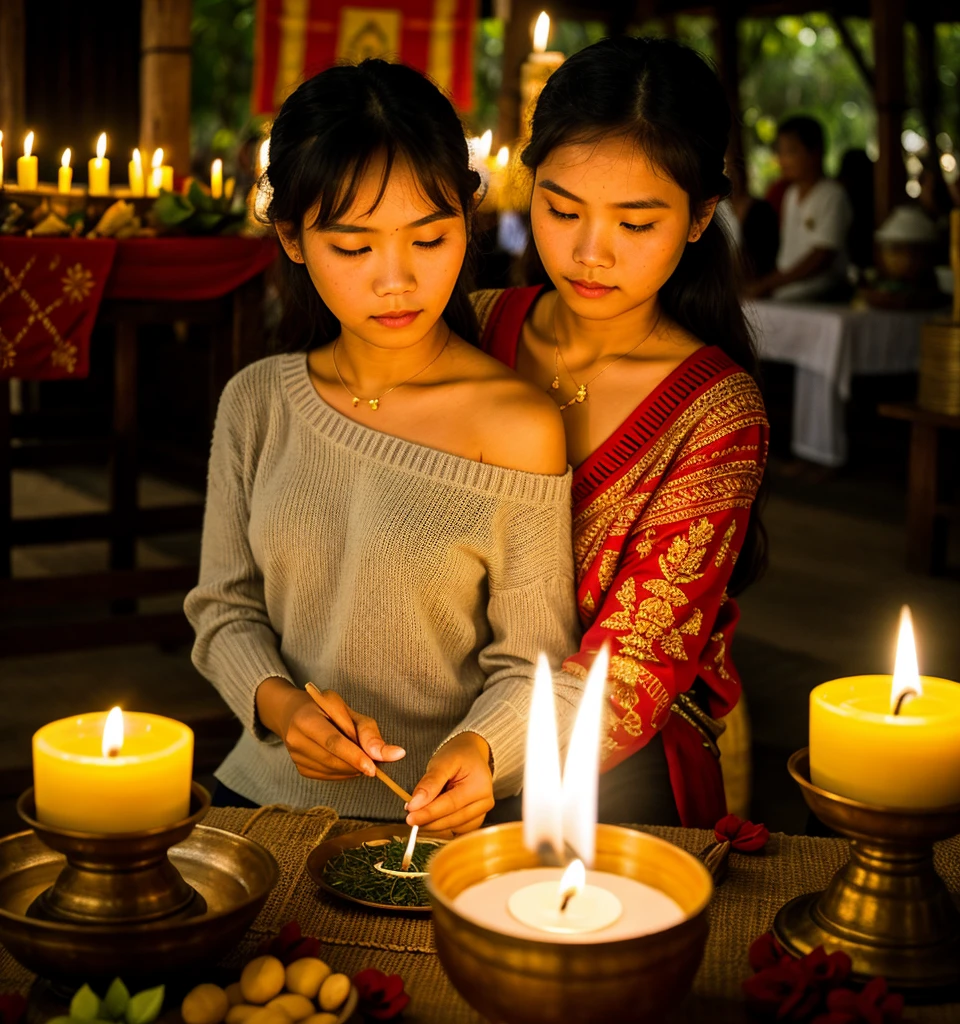 Ceremony for paying respects to ancestors, Isaan, Thailand. There is a lot of food in krathongs, Kong leaves, incense sticks, and candles on the table. ((best quality)), ((Masterpiece)), (details), 1 girl, open shoulder sweater,