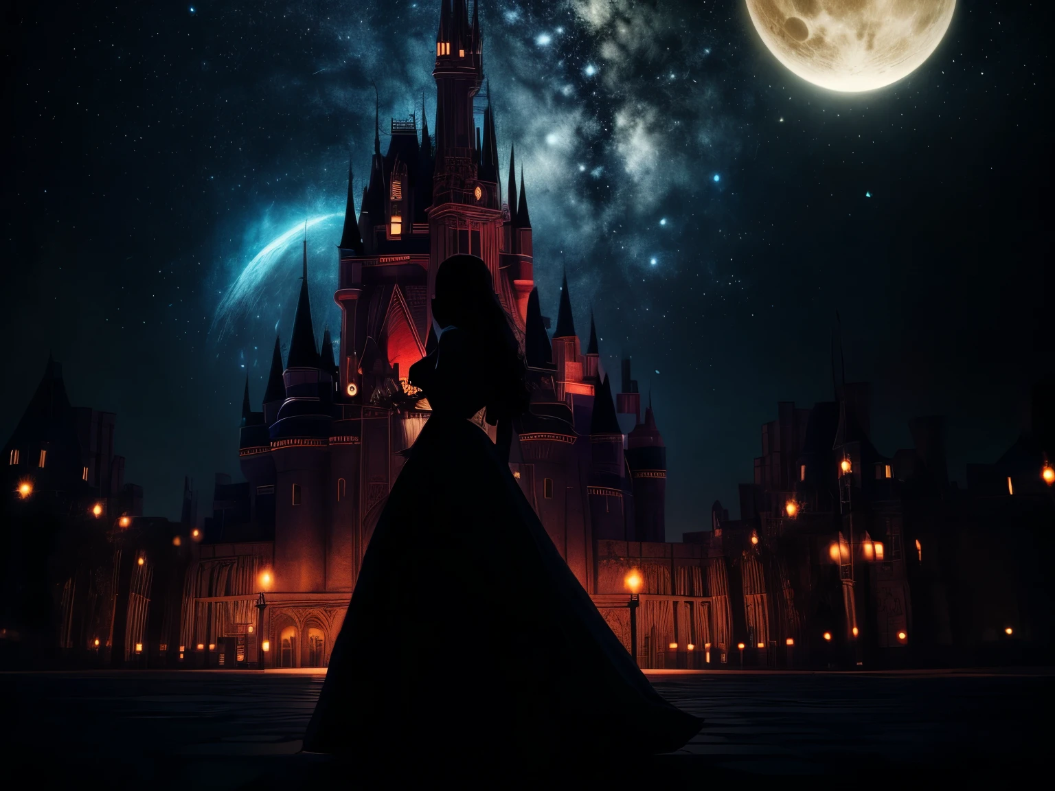 (8k, Highest quality, masterpiece)，Double Exposure, silhouette, One Woman, もうOne Woman, Moonlit Night, Cinderella Castle, Confession