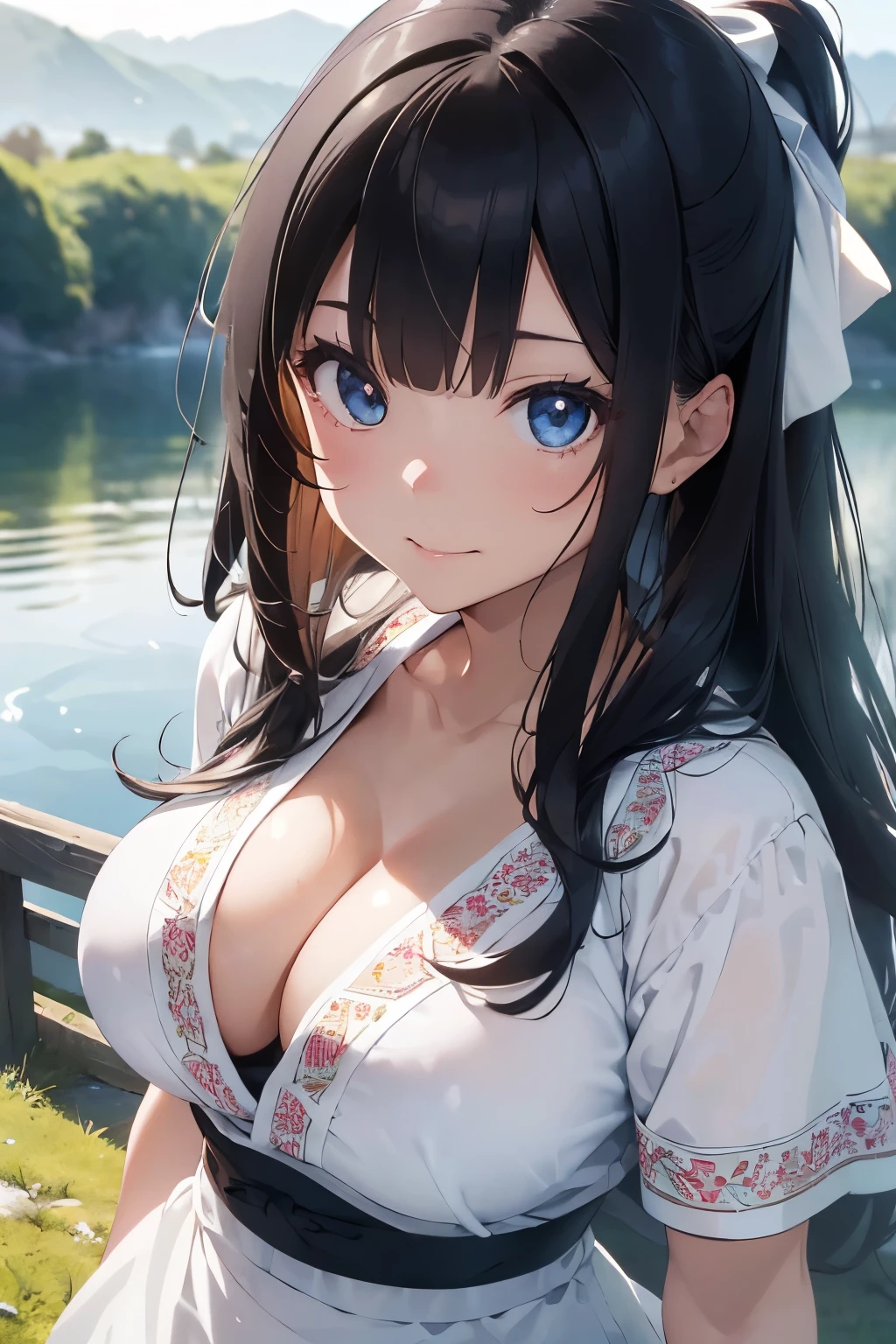 ((Top Quality)), ((Excellent)), (Details),,((Japanese)),, Black Hair,(Childish face),((Straight Hair)), shiny hair, a Girl ,((big Breasts)), ((Blue Eyes)),masterpiece, (Chuckle-Smile), ultra realistic, 32k, extremely detailed CG unity 8k wallpaper,((overhead shot)),from above, ((extreme_close_up)) ,((Emphasize the cleavage)), best quality, soft lighting, solo, Straight Hair, blunt bangs, hair bow, hair ribbon, ribbon, ((white dashiki)),((white dashiki)), outdoors, (Grassland), lake, 1girl, black bow, cate , stunning environment ,vibrant colors ,((extreme_close_up)) ,