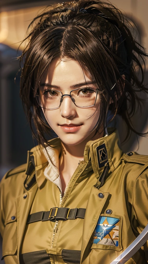 Wearing glasses、Anime girl in uniform holding a sword, honest shinka, honest, honest shinkai ( Apex Legends ), Photorealistic Animation girl render, Quiet from Metal Gear Solid v, Quiet from Metal Gear Solid, honest shinkai. Digital Rendering, Also, hints of yayoi kasuma, Female protagonist 👀 :8, Photorealistic Animation