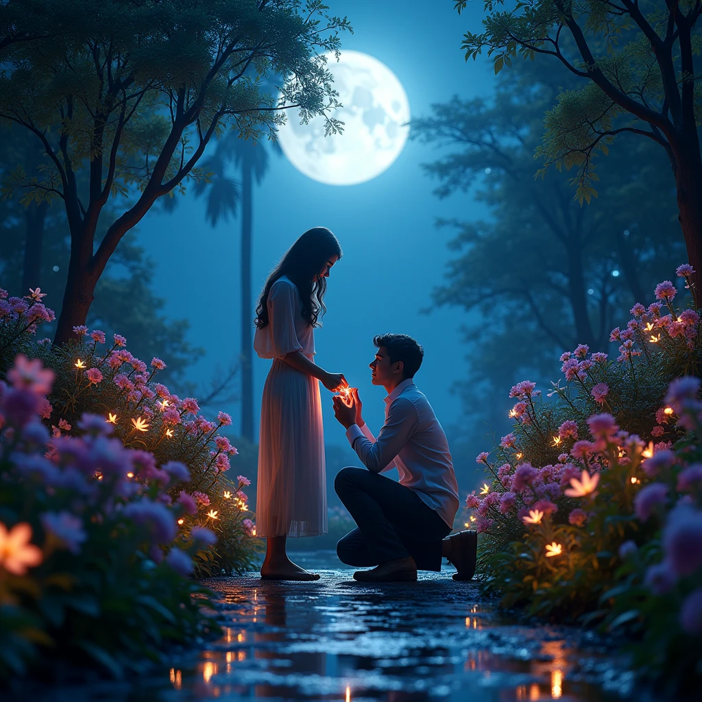 (Moonlit Confession, Couple proposal:1.2), chimera art style, (colorful celestial garden:0.5), reflecting, precious, ethereal lighting, RAW photo, color graded, surreal, (captivating chiaroscuro:0.1), dynamic movement, full body, (special effects:0.1), award-winning, cinematic still, emotional, dynamic, vivid, (masterpiece, best quality, photorealistic, Professional, perfect composition, very aesthetic, absurdres, ultra-detailed, intricate details:1.3)