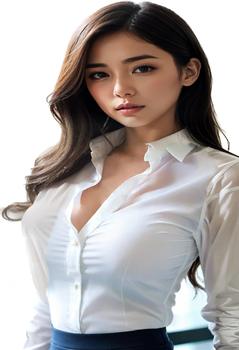 Large buttoned shirt,Tight shirt,Clear shirt,chest,,side,Tight Skirt,office,company,shirt,Alluring face,chestを強調,腕を上げてsideを開いている,A revealing shirt,office背景,
companyの風景,