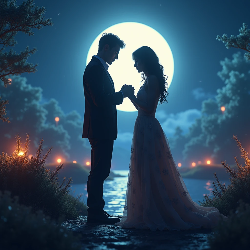 (Moonlit Confession, Couple proposal:1.2), visually stunning 3d render, vibrant, crafted, reflecting, precious, ethereal lighting, RAW photo, color graded, surreal, (captivating chiaroscuro:0.1), dynamic movement, full body, (special effects:0.1), award-winning, cinematic still, emotional, dynamic, vivid, (masterpiece, best quality, photorealistic, Professional, perfect composition, very aesthetic, absurdres, ultra-detailed, intricate details:1.3)
