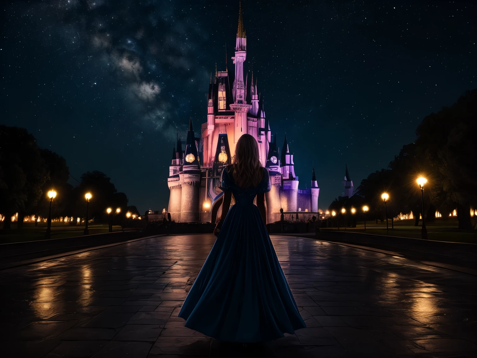 (8k, Highest quality, masterpiece)，Double Exposure, silhouette, One Woman, もうOne Woman, Moonlit Night, Cinderella Castle, Confession