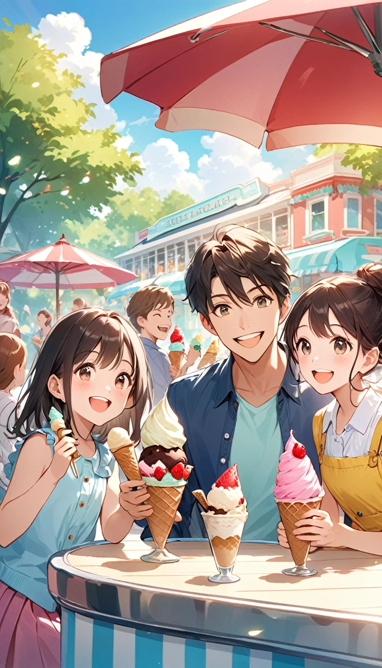 Image of people of different ages enjoying ice cream in a park or inside the ice cream parlor. People should be smiling and happy, with ice cream in hand, showing the pleasure of enjoying ice cream in a happy and relaxed atmosphere.