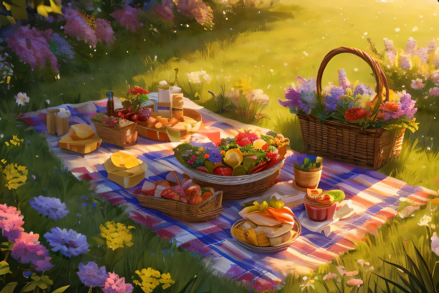 masterpiece, best quality, 8K resolution, Very detailed, Light Particles, grassland, A small amount of flowers, Picnic cloth, Picnic basket