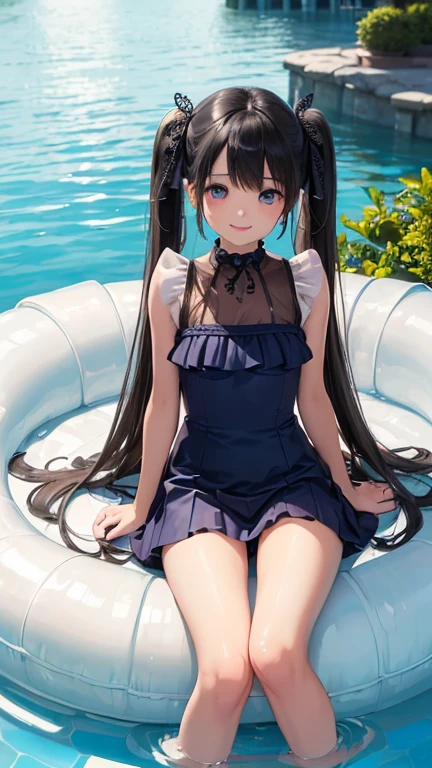 ((Masterpiece)), ((Highest quality、Ultra high resolution)), (very detailed),8ก、Photo quality、((Amazingly cute girl)),16 year old girl)), Two people, , (Beautiful emerald blue eyes), ((smile)),In the open-air bath overlooking the sea, Black hair arranged in beautiful twin tails.、((Slim body, very cute.))、(((Very cute and brightly colored swimsuit with lots of lace and pleats..)))、professional lighting、(White lace dress that reaches the knees with beautiful details.)、(More details and cuteness.)、((Just wear light clothing.))、Having fun in the pool、(too cute)、(The center of cuteness)、(Incredibly cute)、