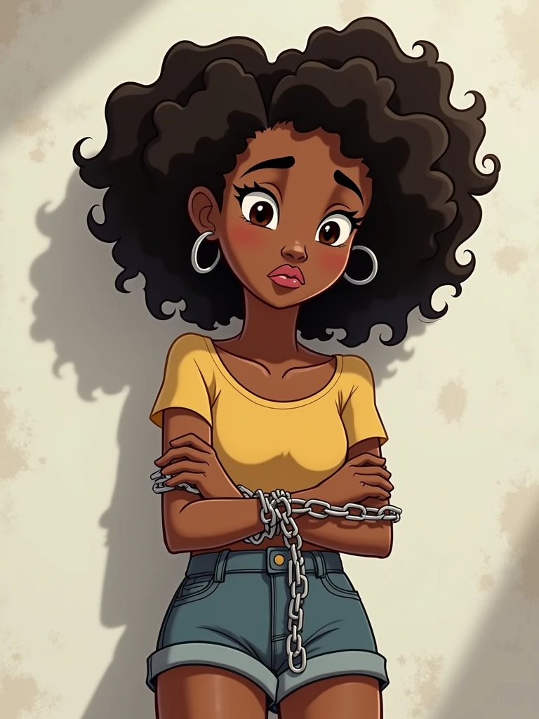Princess Tiana in chains, curly hair, as a captive, casual clothes, simple look, white wallpaper, regular person, high quality, cartoon vision