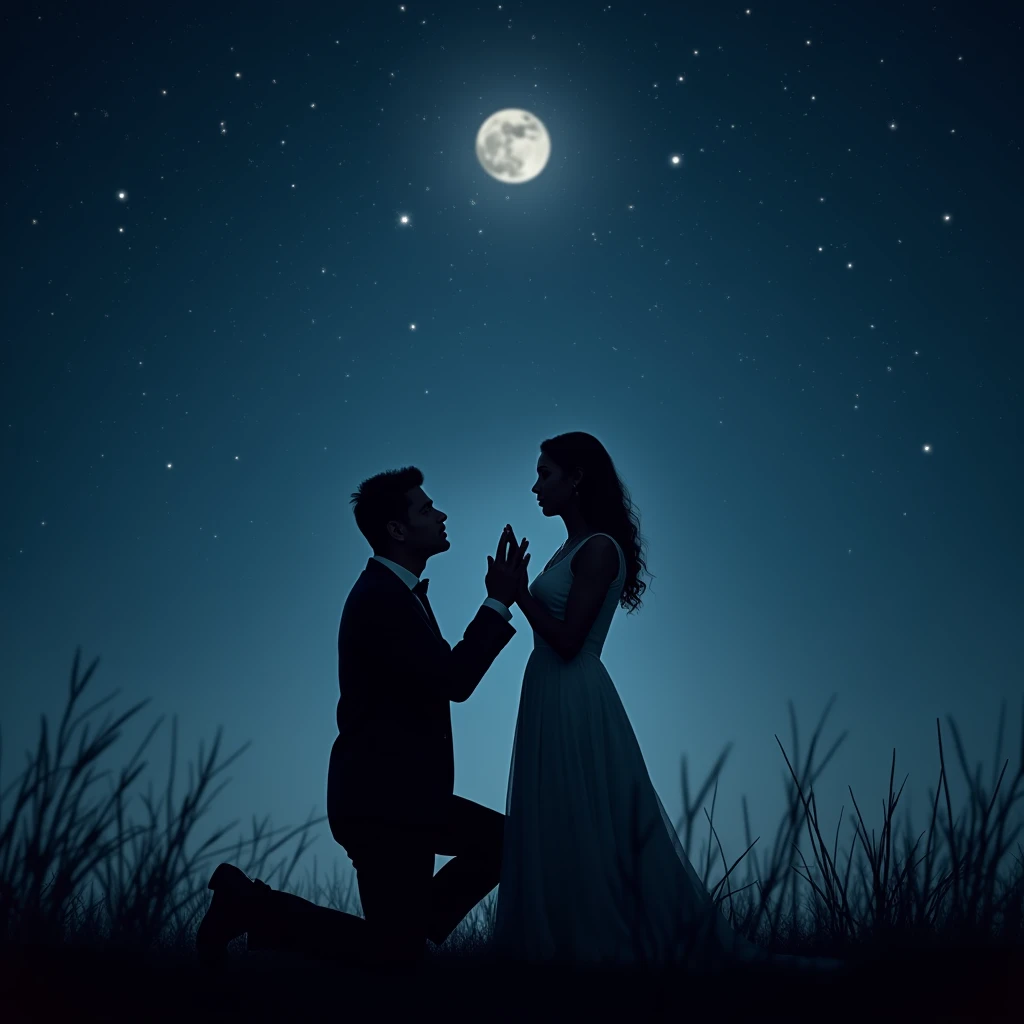(Moonlit Confession, Couple proposal:1.2), Capture the ethereal light and shadow in a stunning photograph with selective color details, revealing the hidden poetry, RAW photo, (captivating chiaroscuro:0.1), dynamic movement, full body, (special effects:0.1), award-winning, cinematic still, emotional, dynamic, vivid, (masterpiece, best quality, photorealistic, Professional, perfect composition, very aesthetic, absurdres, ultra-detailed, intricate details:1.3)