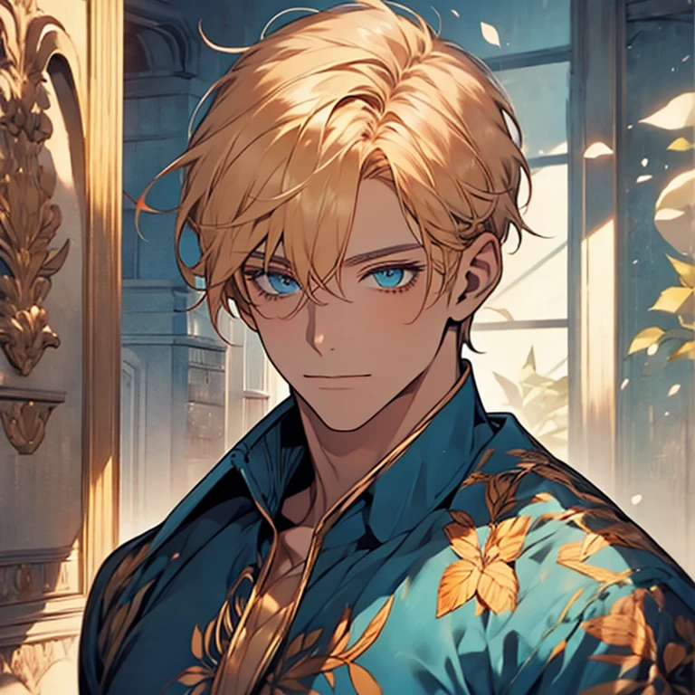 Masterpiece, best quality, solo, 1 male, short hair, turquoise eyes, blond hair, blue clothes