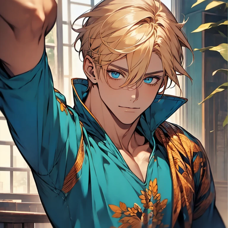 Masterpiece, best quality, solo, 1 male, short hair, turquoise eyes, blond hair, blue clothes