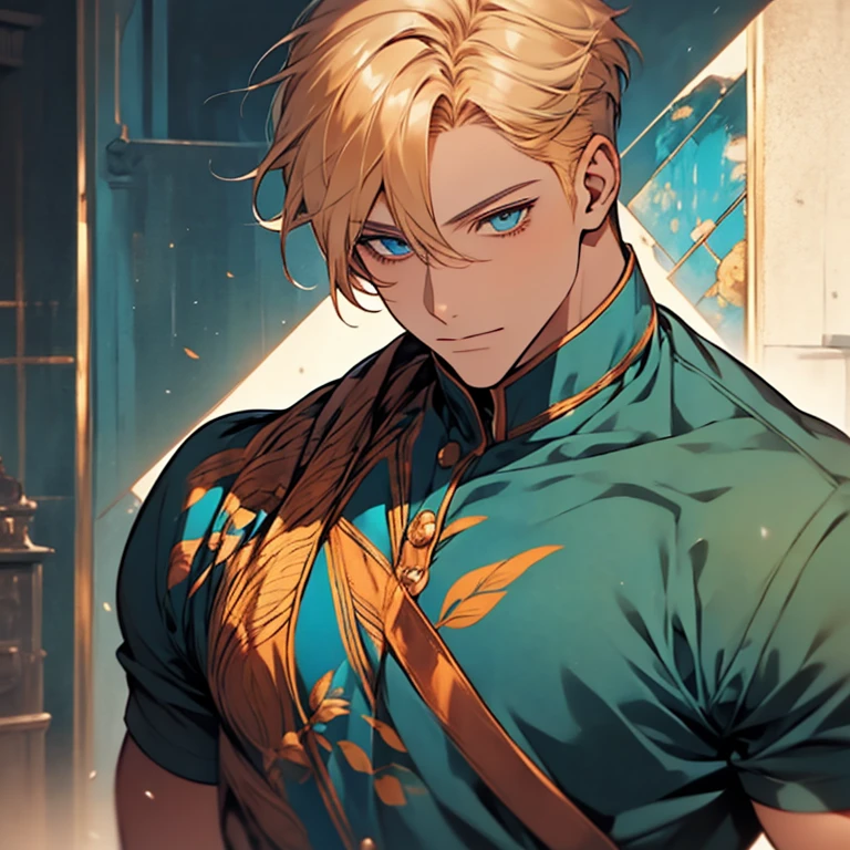 Masterpiece, best quality, solo, 1 male, short hair, turquoise eyes, blond hair, blue clothes