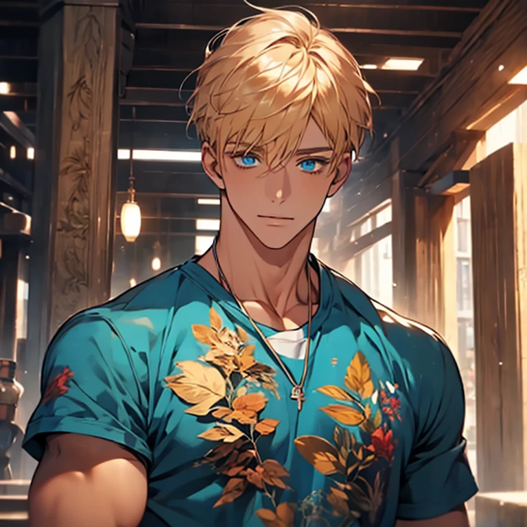 Masterpiece, best quality, solo, 1 male, short hair, turquoise eyes, blond hair, blue clothes