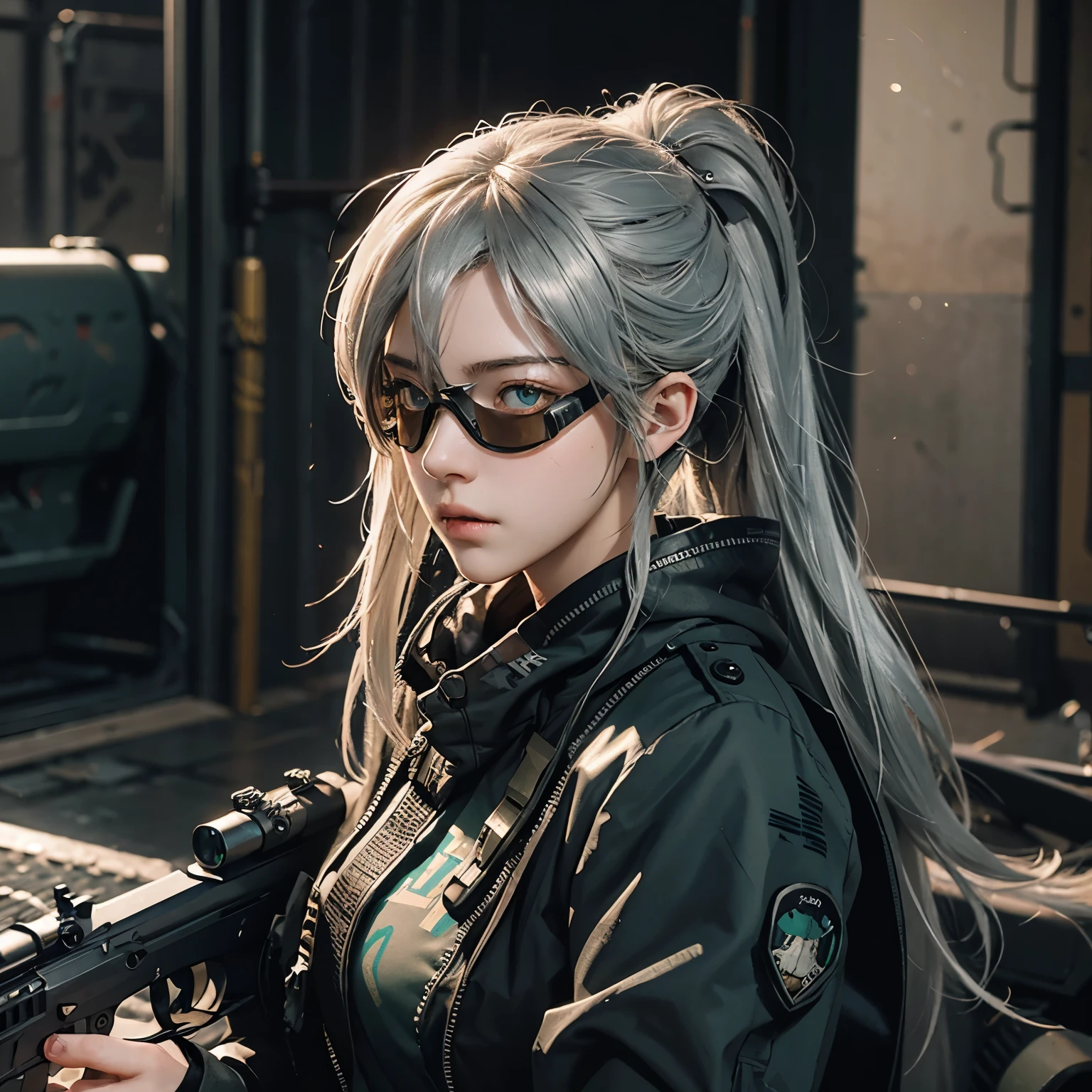 girl with goggles holding a sniper rifle, silvered hair. her hair levitated. a character with striking green eyes of flies and goggle on her head.. unreal 5. rpg portrait, of a sniper girl in war, striking detailed art style, ross draws 1. 0, from girls frontline, detailed game art illustration, soldier girl, girls frontline style, epic digital art illustration, girls frontline cg, detailed game art, ross draws 2. 0, fps game concept art