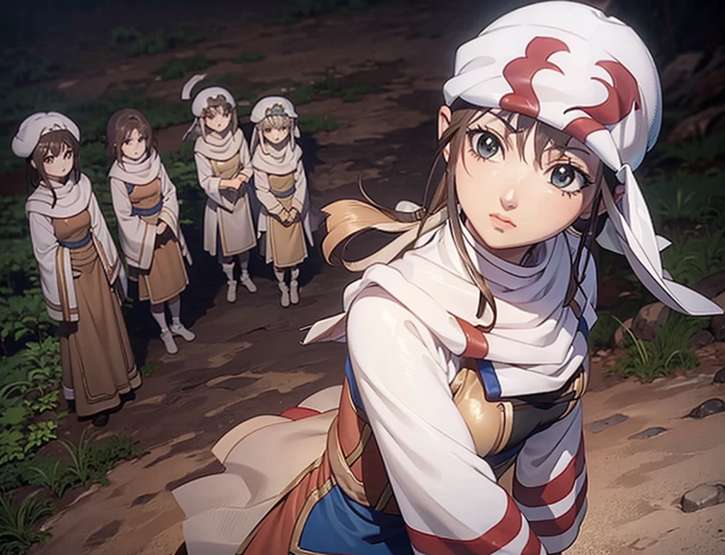 4 girls  Mikoto Misaka character face standing together group photo  brown hair brown eyes bandana on forehead  

Priestess - Goblin Slayer