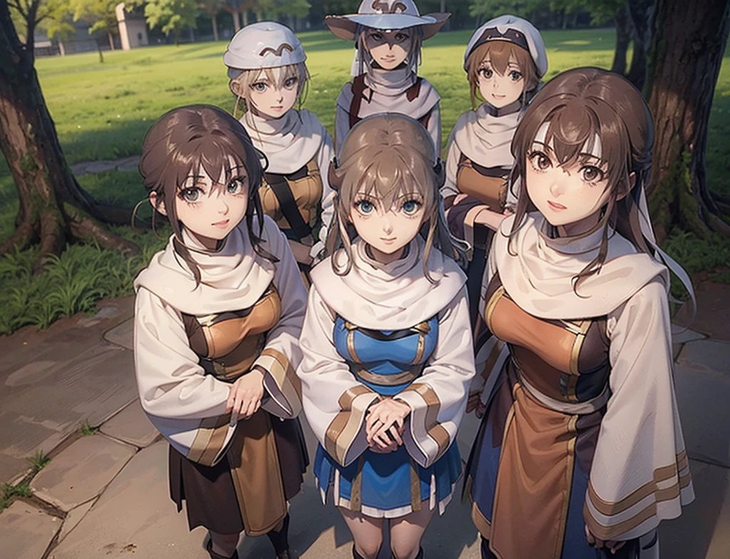 4 girls  Mikoto Misaka character face standing together group photo  brown hair brown eyes bandana on forehead  

Priestess - Goblin Slayer