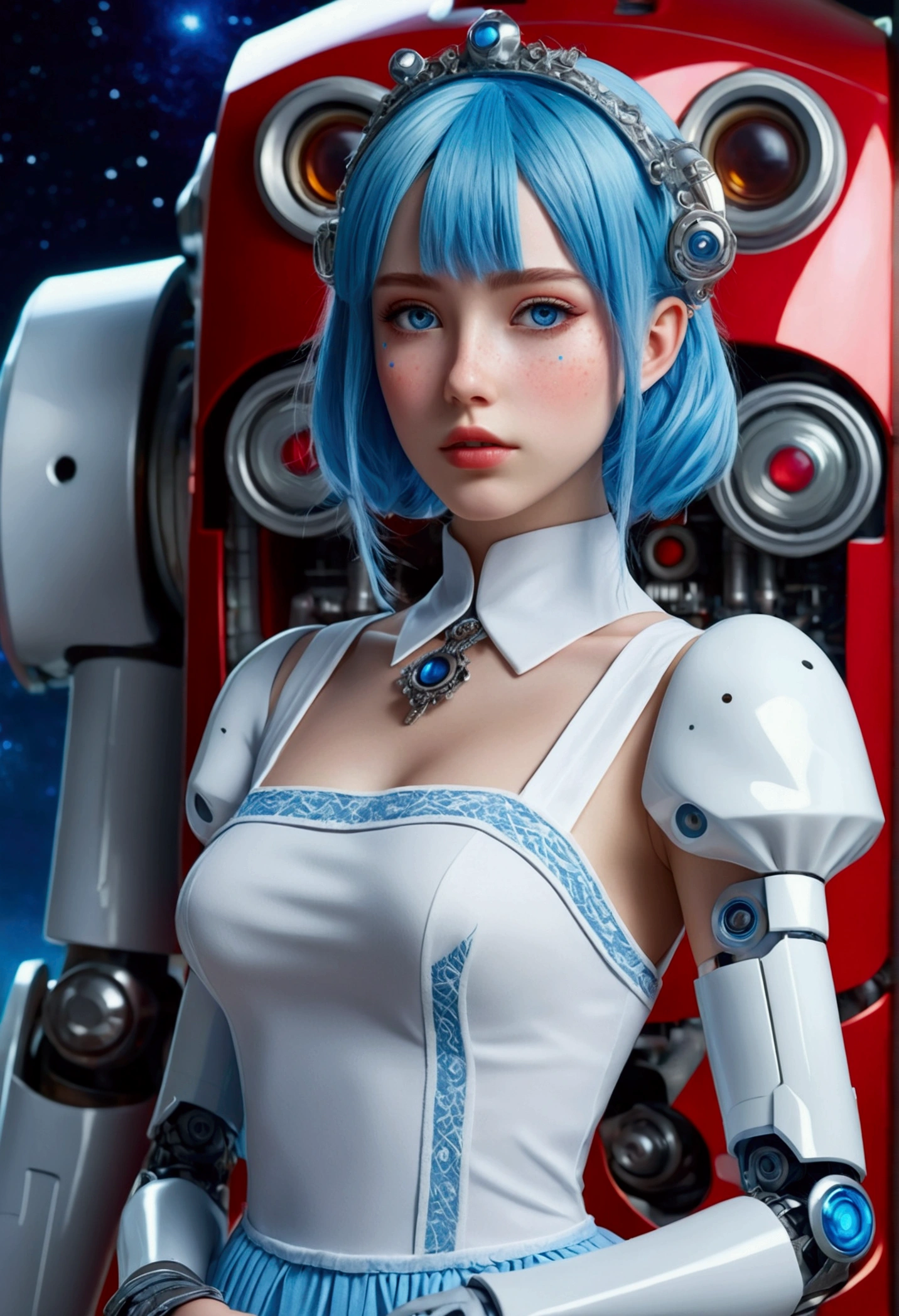 A highly detailed anime girl with bright blue hair, piercing blue eyes, cute freckles, long eyelashes, beautiful detailed lips, extremely detailed and intricate face, and slender figure, wearing a light blue maid dress, standing next to a large, highly detailed robot with a red and blue color scheme, futuristic and metallic design, with glowing eyes and accents, set in a vibrant and colorful fantasy landscape with lush greenery, rolling hills, and a starry night sky, (best quality,8k,highres,masterpiece:1.2),ultra-detailed,(realistic,photorealistic,photo-realistic:1.37),vibrant colors,cinematic lighting,concept art style