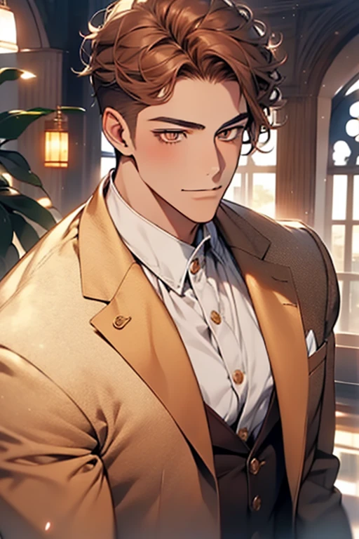 masterpiece, best quality, realistic, 1man, mature male, quiet and charming young man, 16 years old, adorable, closed mouth, portrait, extremely detailed face, soft smile, ((dark amber eyes)), ((short-sides-swept curly light brown hair)), [thick eyebrows], living-room, ((white suit))