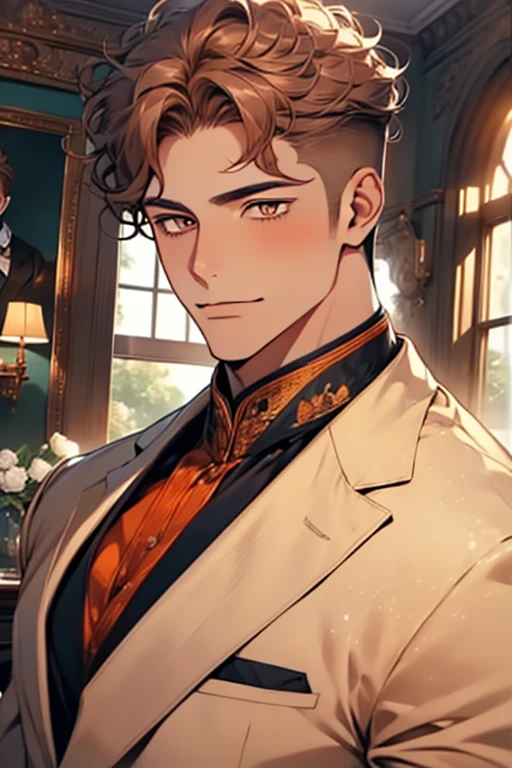 masterpiece, best quality, realistic, 1man, mature male, quiet and charming young man, 16 years old, adorable, closed mouth, portrait, extremely detailed face, soft smile, ((dark amber eyes)), ((short-sides-swept curly light brown hair)), [thick eyebrows], living-room, ((white suit))