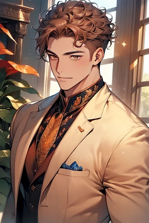 masterpiece, best quality, realistic, 1man, mature male, quiet and charming young man, 16 years old, adorable, closed mouth, portrait, extremely detailed face, soft smile, ((dark amber eyes)), ((short-sides-swept curly light brown hair)), [thick eyebrows], living-room, ((white suit))