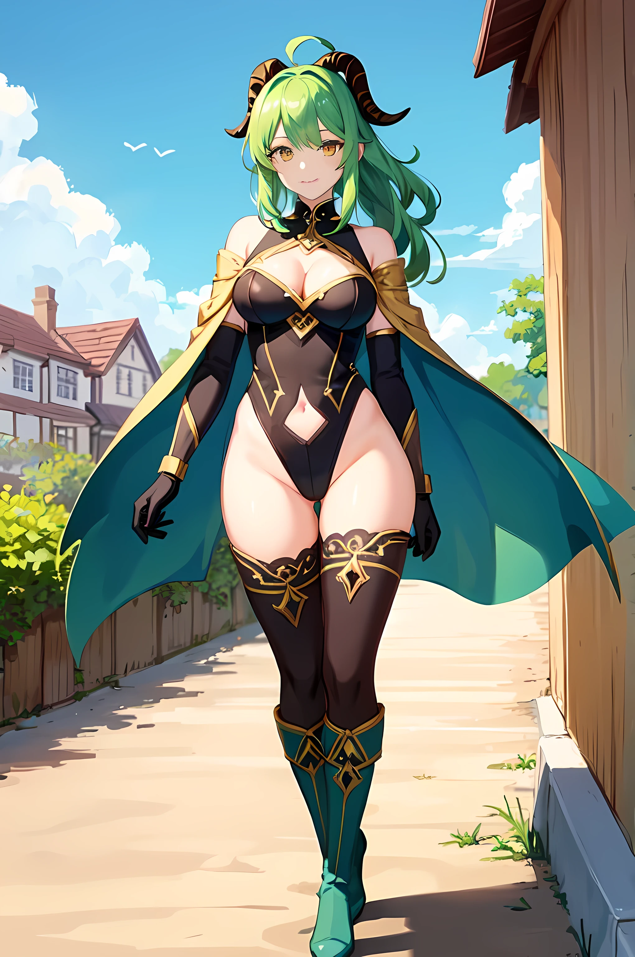 Masterpiece, 1girl, ahoge, bangs, bare shoulders, black gloves, black leotard, black thighhighs, green hair, boots, breasts, building, cape, cleavage, cleavage cutout, closed mouth, clothing cutout, cloud, colored inner hair, navel, day, elbow gloves, full body, gloves, hair ornament, heel boots, highleg, highleg leotard, horns, goat horns, leotard, ponytail hair, looking at viewer, perfect breasts, light green hair, outdoors, yellow eyes, skindentation, sky, solo, standing, thighhighs, thighs, smile, Genshin Impact style
