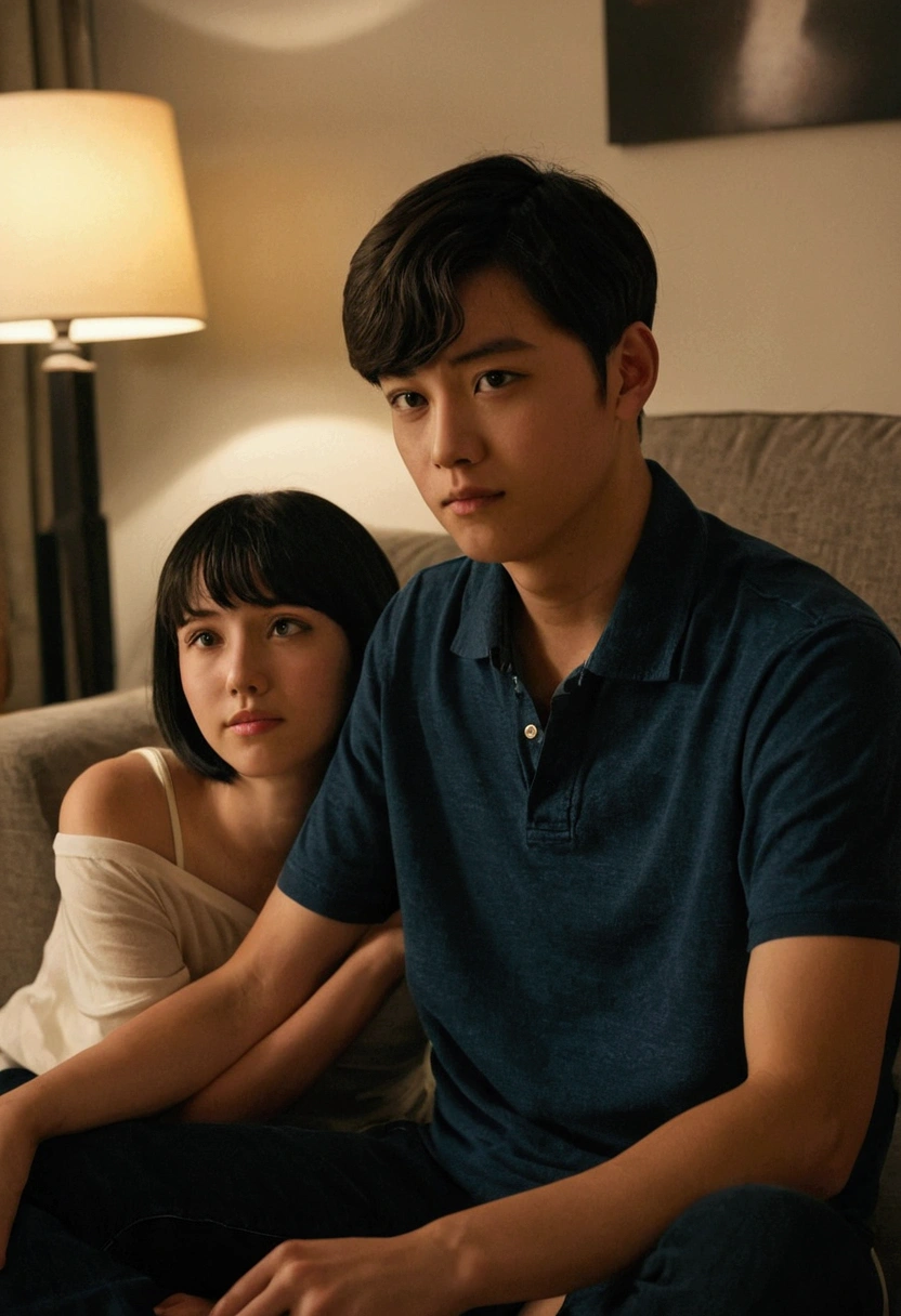 A young man with dark brown hair is sitting in his living room、His 18-year-old girlfriend with short black hair is sitting on top of him.。'Night Feet