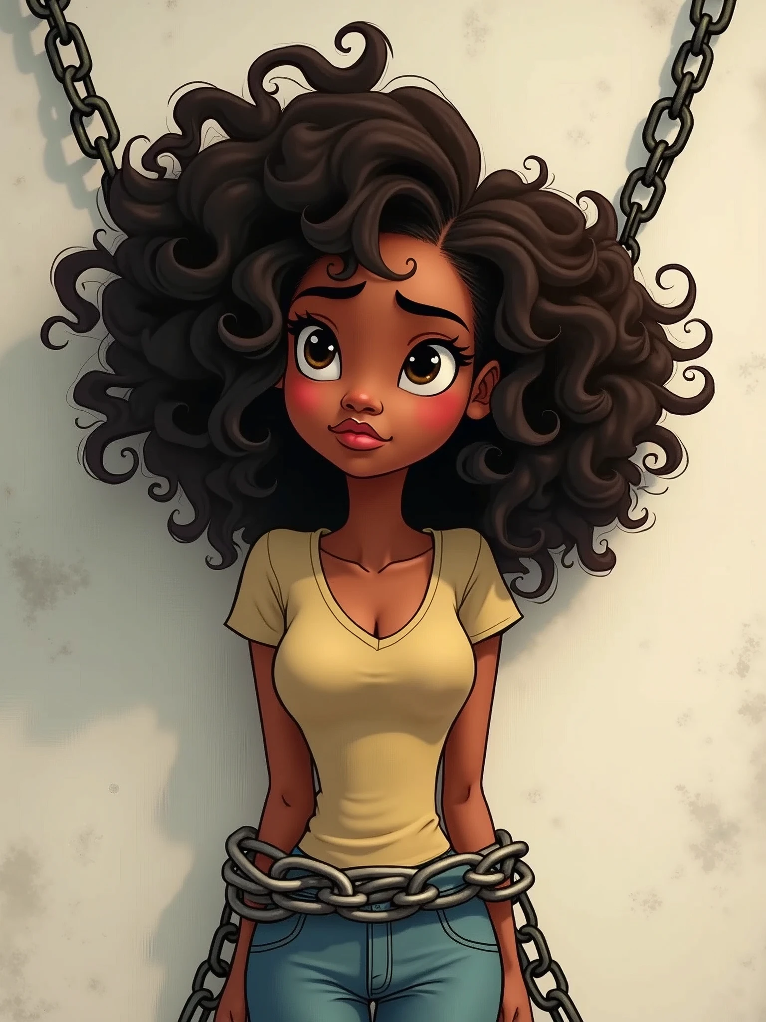 Princess Tiana in chains, curly hair, as a captive, casual clothes, simple look, white wallpaper, regular person, high quality, cartoon vision