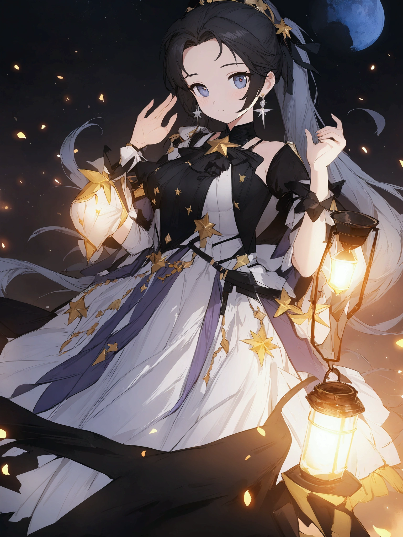 anime girl in a dress with a lantern and a star, beautiful celestial mage, astral witch clothes, portrait of magical girl, cute anime waifu in a nice dress, alchemist girl, splash art anime loli, black - haired mage, lunar themed attire, anime moe artstyle, astral dress, from arknights, guweiz on pixiv artstation, from girls frontline, fine details. girls frontline, girls frontline universe, girls frontline style, girls frontline, girls frontline cg, female protagonist 👀