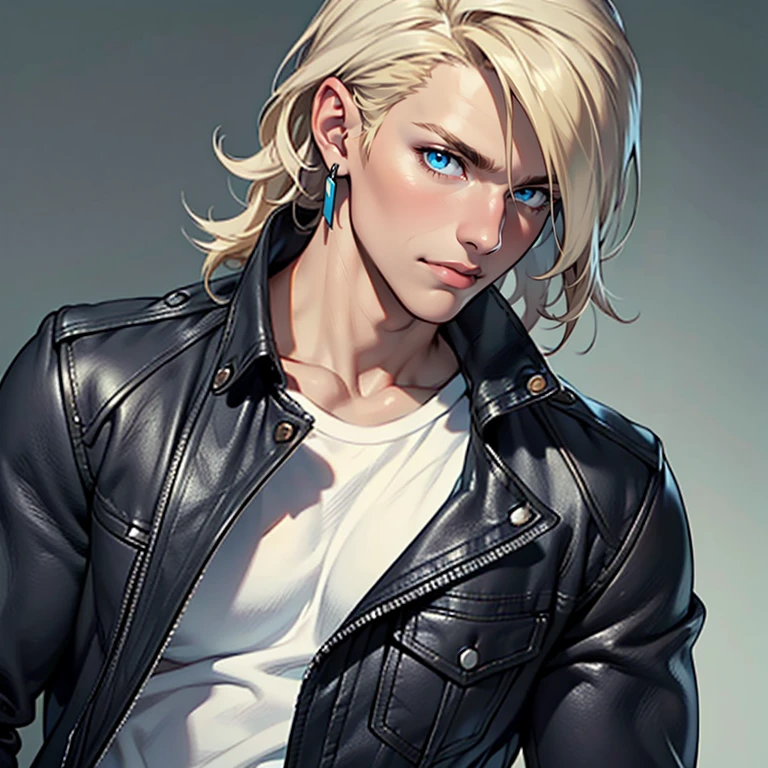 ((masterpiece)), (((best quality))), solo, 1 male, pale white skin, light blonde hair, medium hair, straight hair, handsome man, blue eyes, simple earrings, tight white t-shirt, black leather jacket, tight jeans, detailed face, highest quality, highly detailed, original, high resolution CG Unit 8k wallpaper, (best quality, artwork, masterpiece, 4k)