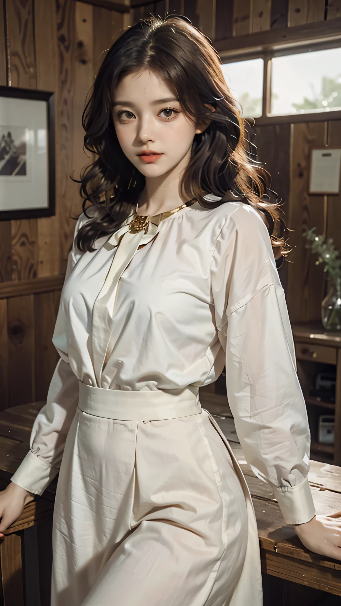 detailed background, masterpiece, best quality, 1 person , curly hair, long hair, purple eyes, star in eye ,lime green blouse, long skirt, looking at viewer, wooden furniture behind, indoor,y poses,gold jewellery