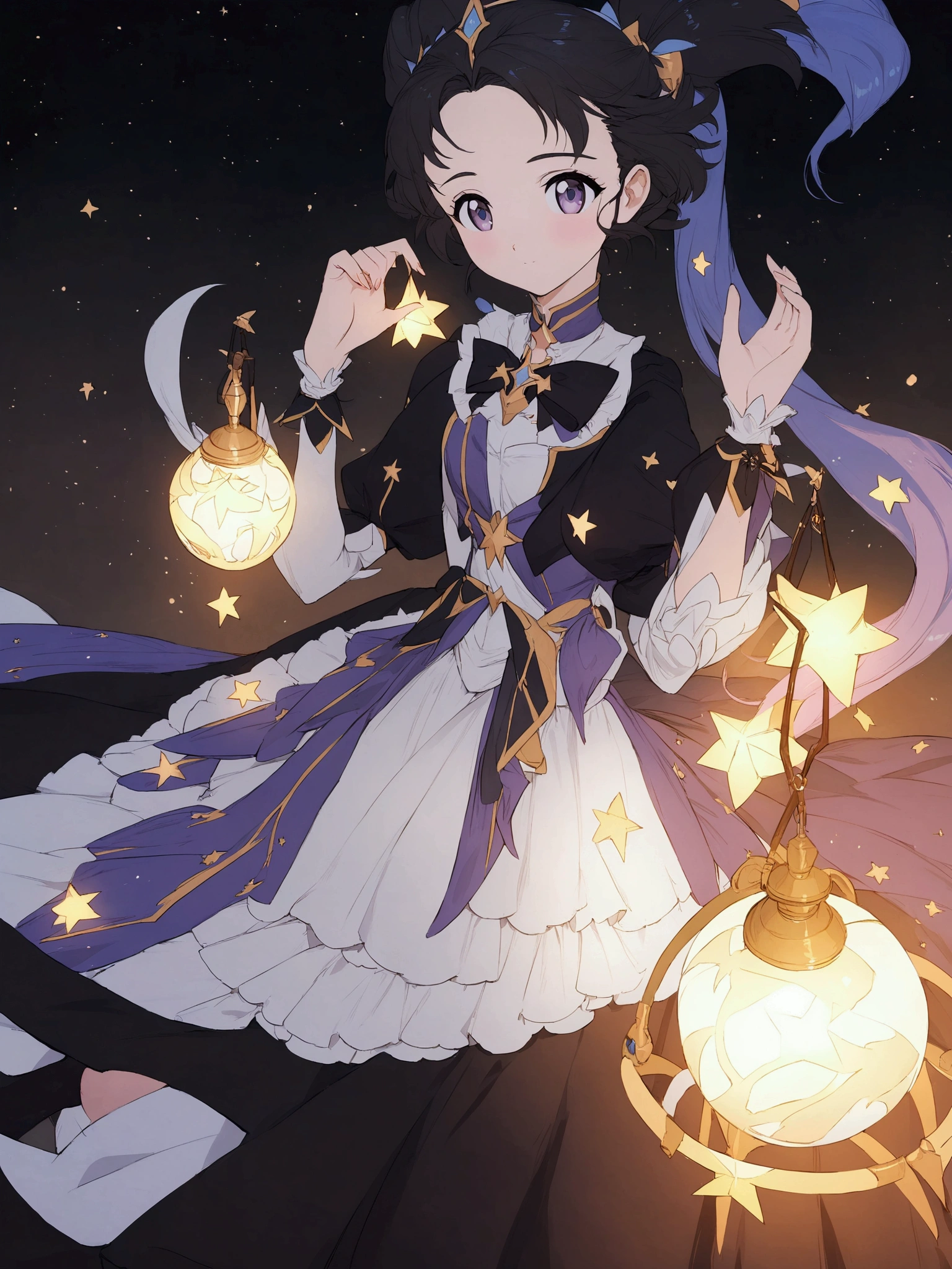 anime girl in a dress with a lantern and a star, beautiful celestial mage, astral witch clothes, portrait of magical girl, cute anime waifu in a nice dress, alchemist girl, splash art anime loli, black - haired mage, lunar themed attire, anime moe artstyle, astral dress, from arknights, guweiz on pixiv artstation