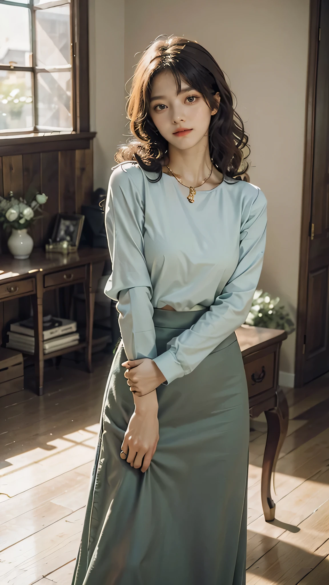 detailed background, masterpiece, best quality, 1 person , curly hair, long hair, purple eyes, star in eye ,lime green blouse, long skirt, looking at viewer, wooden furniture behind, indoor,y poses,gold jewellery